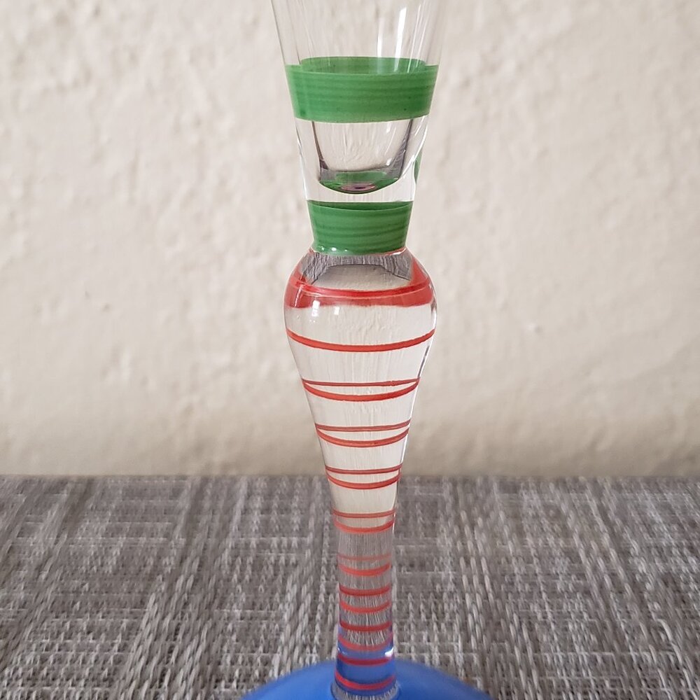Vintage Orrefors Sweden Anne Nilsson Clown Glass Cordial Flute Green Red Stripes